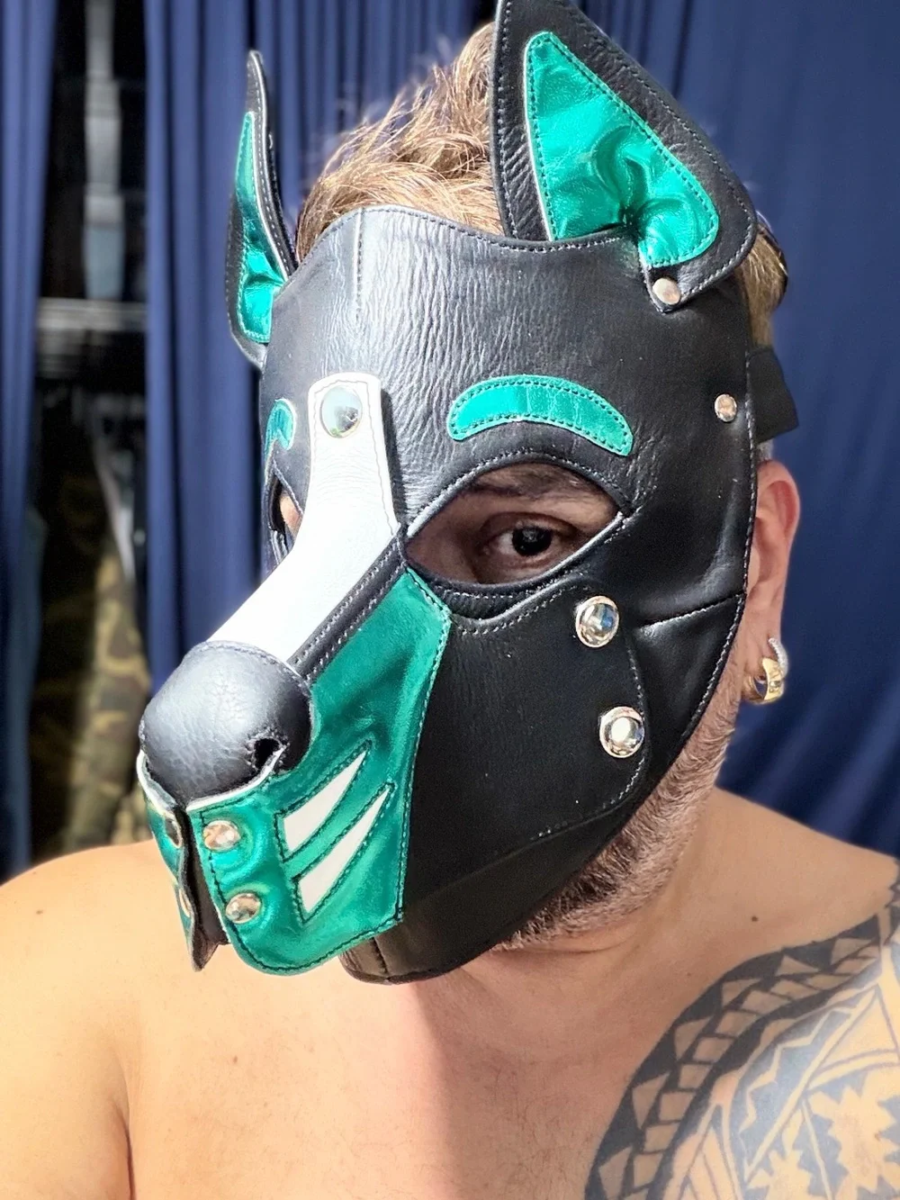 Leather Canine Face Mask in Black & Green